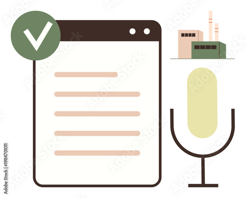 Digital security, content validation, manufacturing approval workflow, online communication, compliance, podcasting. Document with a checkmark, factory microphone. Digital security and content