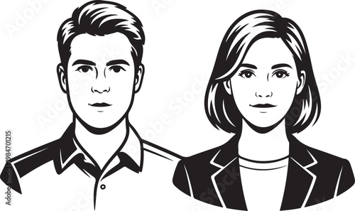 Black and white line portraits of a man and woman, facing forward with serious expressions