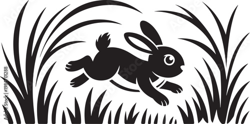 Black and white of a rabbit leaping through grass bunny jumping