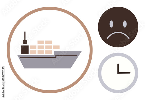 Supply chain issues, shipping logistics, delivery delays, cargo management, customer dissatisfaction, time tracking. Cargo ship, clock and sad face icons. Shipping logistics and delivery delays