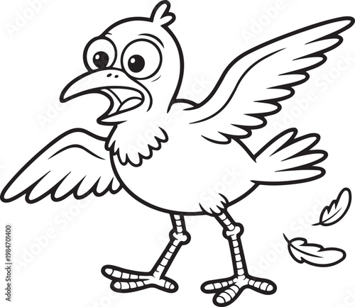 A startled cartoon bird with wide eyes and open beak, wings outstretched, with feathers flying