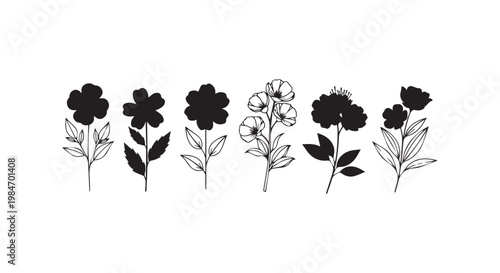 Collection of six diverse floral silhouettes, each a unique flower species with delicate stems and leaves, on a white background.