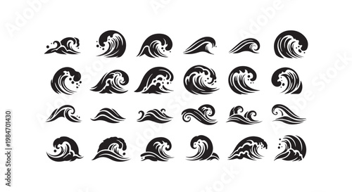Collection of stylized black wave illustrations representing ocean sea water movement and surfing sports.