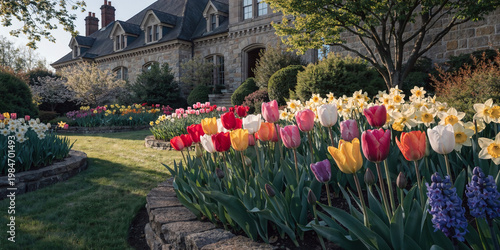 Professionally landscaped spring garden with colorful tulips daffodils and hyacinths beside stone mansion