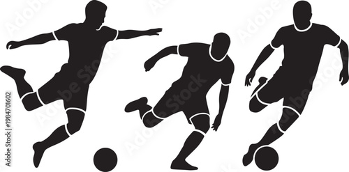 Three black silhouettes of soccer players in action with footballs, dynamic poses on white background