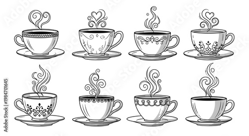 elegant set of eight detailed line art coffee cups and saucers with ornate decorative patterns and steam swirls