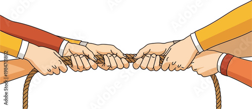 Teamwork and collaboration hands joining in a tug of war illustration