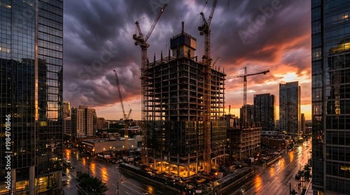 Construction workers build a tall skyscraper near a river at sunset