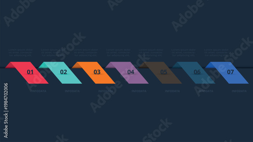 Visual Strategy concept for infographic with 7 steps, options, parts or processes. Template for web on a black background.