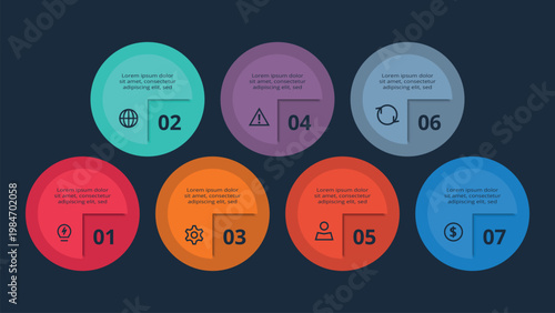 Visual Strategy concept for infographic with 7 steps, options, parts or processes. Template for web on a black background.