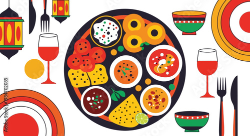 Indian Thali Food Vector Illustration with Ramadan Lanterns in Flat Design Style
