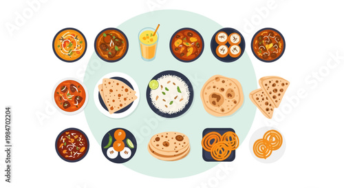 Indian Food Collection Vector Illustration with Various Curry and Bread in Flat Design Style