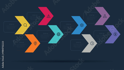 Visual Strategy concept for infographic with 8 steps, options, parts or processes. Template for web on a black background.