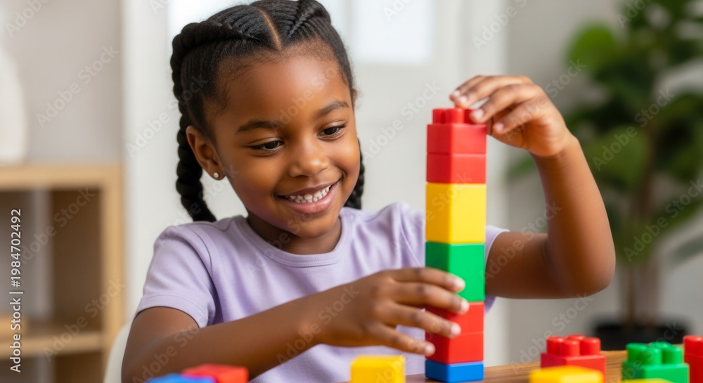 Staching Rular Girl African American girl stacking colorful blocks at table, child learning ...