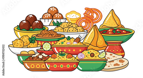 Traditional Indian Food Vector Illustration Collection, Set of Popular Asian Cuisine Dishes with Samosa, Biryani, and Sweets Isolated on White Background.