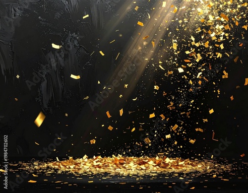 Gold Confetti Falling On Black Background For Celebration, Party And Luxury Events