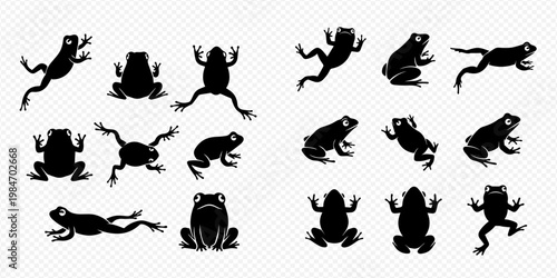 Collection of frog silhouettes in various poses, showcasing different amphibian movements and resting positions.