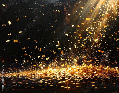 Gold Confetti Falling On Black Background For Celebration, Party And Luxury Events
