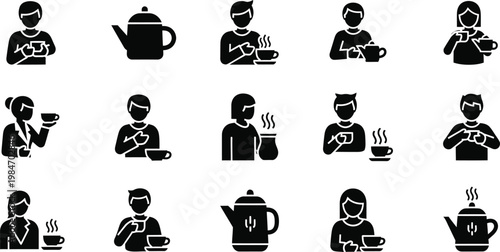 Set of black glyph icons representing people drinking hot beverages like coffee and tea with cups
