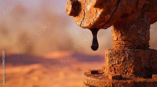 Close Up Crude Oil Dripping from Old Rusty Pipe Valve in Desert Sunlight