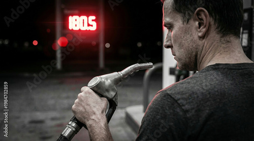 Stressed Driver Holding Gas Pump Nozzle at Night with High Fuel Price Board