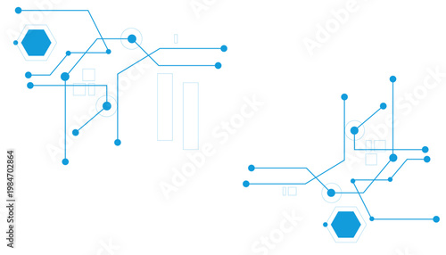 Two separate minimalist blue circuit diagrams with hexagonal nodes and branching pathways on white background