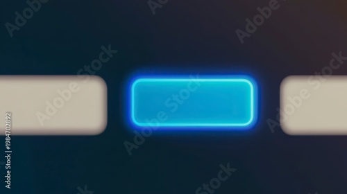 A glowing blue rectangular button is centered between two inactive, grey rounded buttons on a dark background.