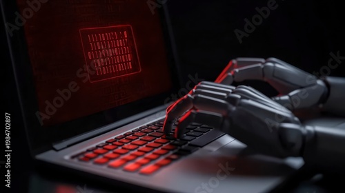 A robotic hand types on a laptop keyboard with a red-lit screen displaying binary code, symbolizing AI and cybersecurity themes.