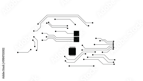 Minimalist black circuit board layout with dual ic sockets and solder points on white background
