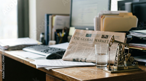 Oil pump jack model on wooden office desk with global market newspaper
