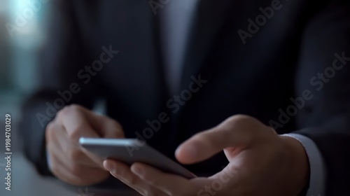 A person in formal attire uses a smartphone and stylus in a dimly lit setting, focusing on the device's screen.