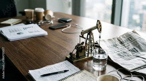 Oil pump model on office desk with global market newspaper and charts