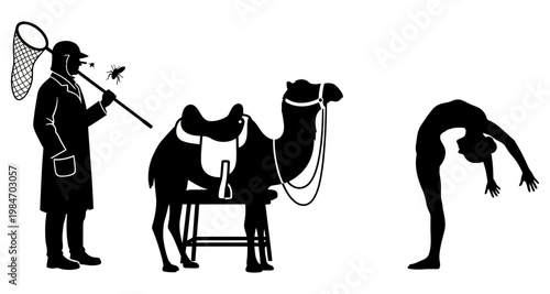 Man with net camel with saddle and woman in yoga pose against white background silhouette