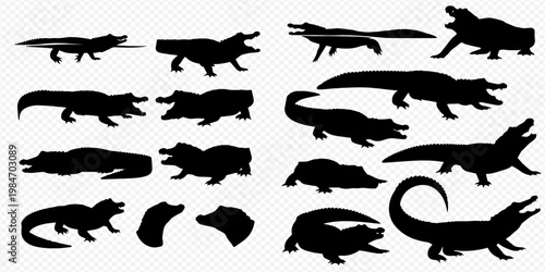 Collection of various alligator and crocodile silhouettes in different poses and angles, depicting predatory reptiles.
