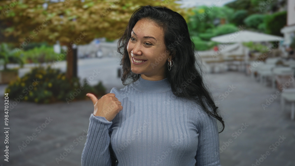 Fototapeta premium Woman pointing thumb over shoulder on street cafe terrace with tables and trees nearby; playful confidence.