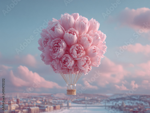 A large cluster of soft pink peonies forms the shape of a hot air balloon, with a woven wicker basket hanging below, floating above a dreamy cityscape of spired buildings and fluffy pink clouds