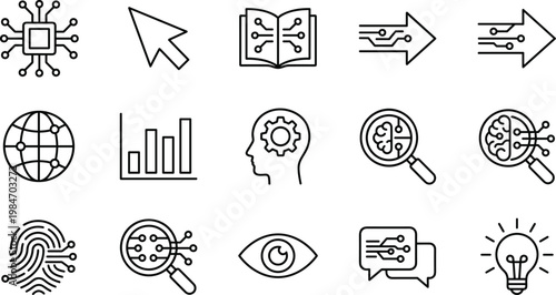 Artificial Intelligence and Data Analysis Line Icon Set with Machine Learning, Neural Networks, Analytics, Digital Systems, and Technology Symbols for Web and App Design