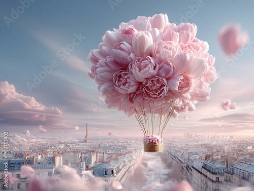 A large cluster of soft pink peonies forms the shape of a hot air balloon, with a woven wicker basket hanging below, floating above a dreamy cityscape of spired buildings and fluffy pink clouds