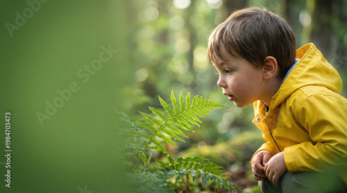 Cute boy wearing bright yellow raincoat discovering green fern in a damp forest