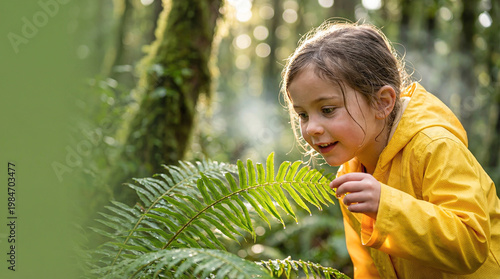 Happy little girl in yellow raincoat touching a wet fern frond in lush forest