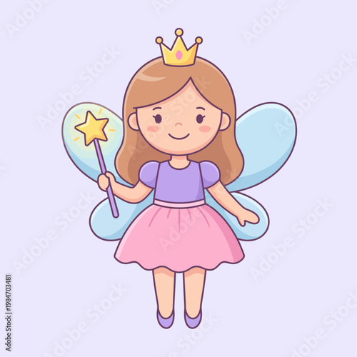 Cute Fairy Princess Cartoon Character Magic Wand Fantasy Vector Illustration