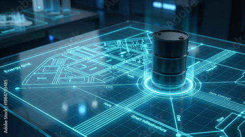 Black oil barrel standing on glowing blue digital smart grid energy network map
