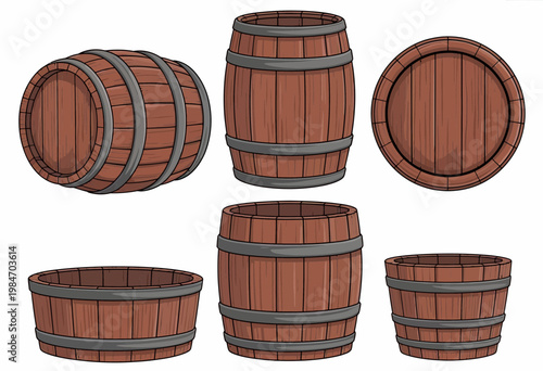Wooden Barrels Set Vintage Cask Containers Brewery Storage Vector Illustration