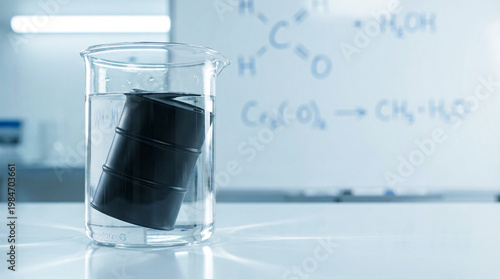 Miniature Oil Barrel in Laboratory Beaker with Chemical Formulas Background