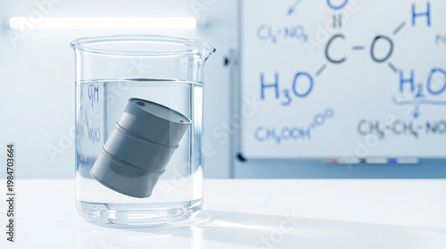 Small Oil Barrel in Lab Beaker with Chemical Formulas for Energy Research