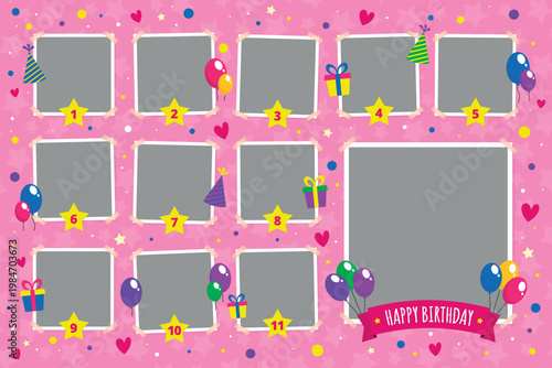 A colorful illustration of a first-year celebration with blank photo frames and festive decorations