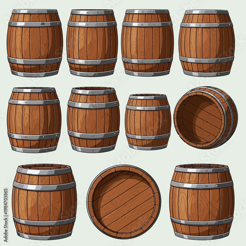Wooden Barrels Set Vintage Cask Containers Brewery Storage Vector Illustration