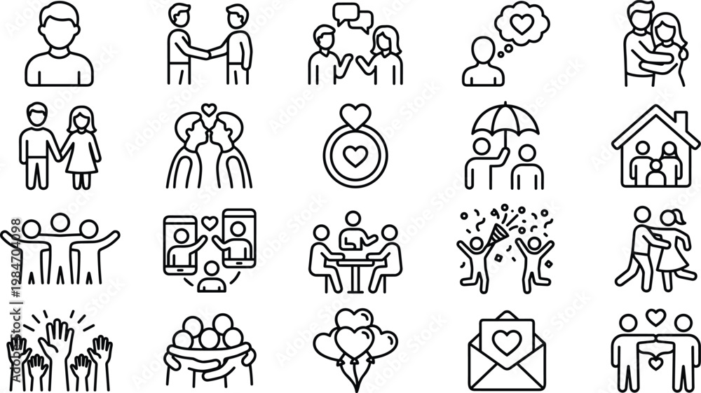 Fototapeta premium Relationships and Social Connection Line Icon Set with Love, Communication, Family, Partnership, Dating, and Emotional Interaction Symbols for Web and App Design