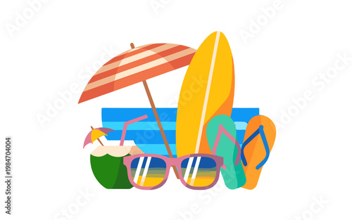 A vibrant illustration of beach essentials: surfboard, umbrella, drink, and sunglasses.