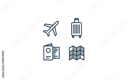 Travel essentials and key elements: passport, plane, luggage, and map.